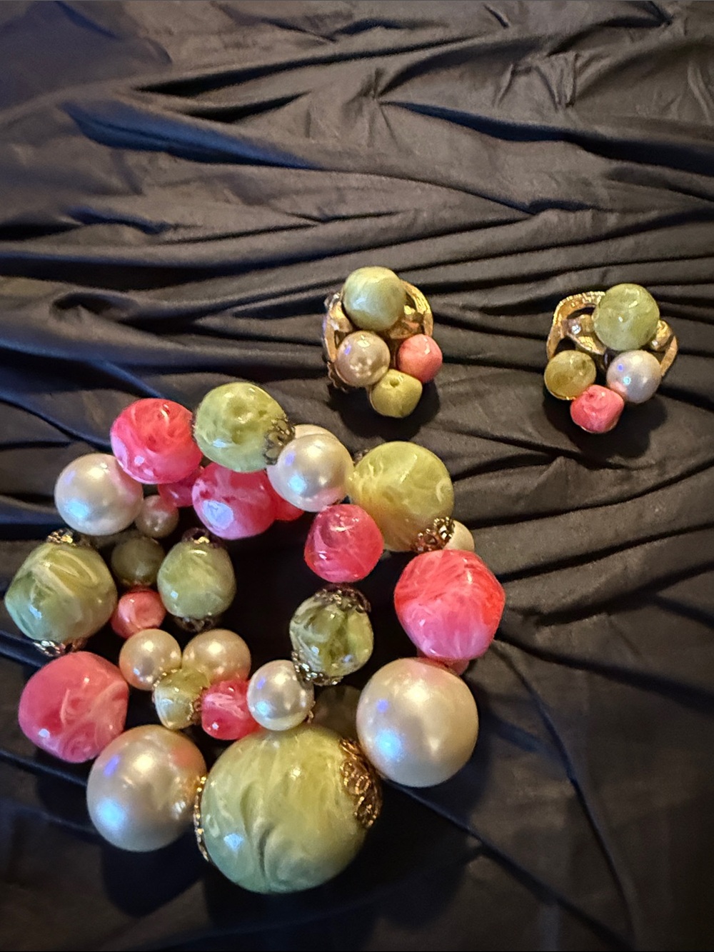 Green and Pink Beaded Bracelet with Matching Earrings